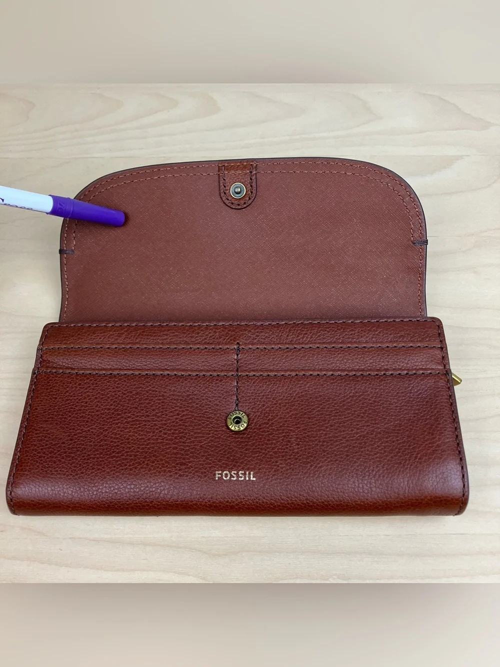 Fossil Cleo Clutch Wallet Card Holder Brown Leather Zipper Pockets Snap Closure